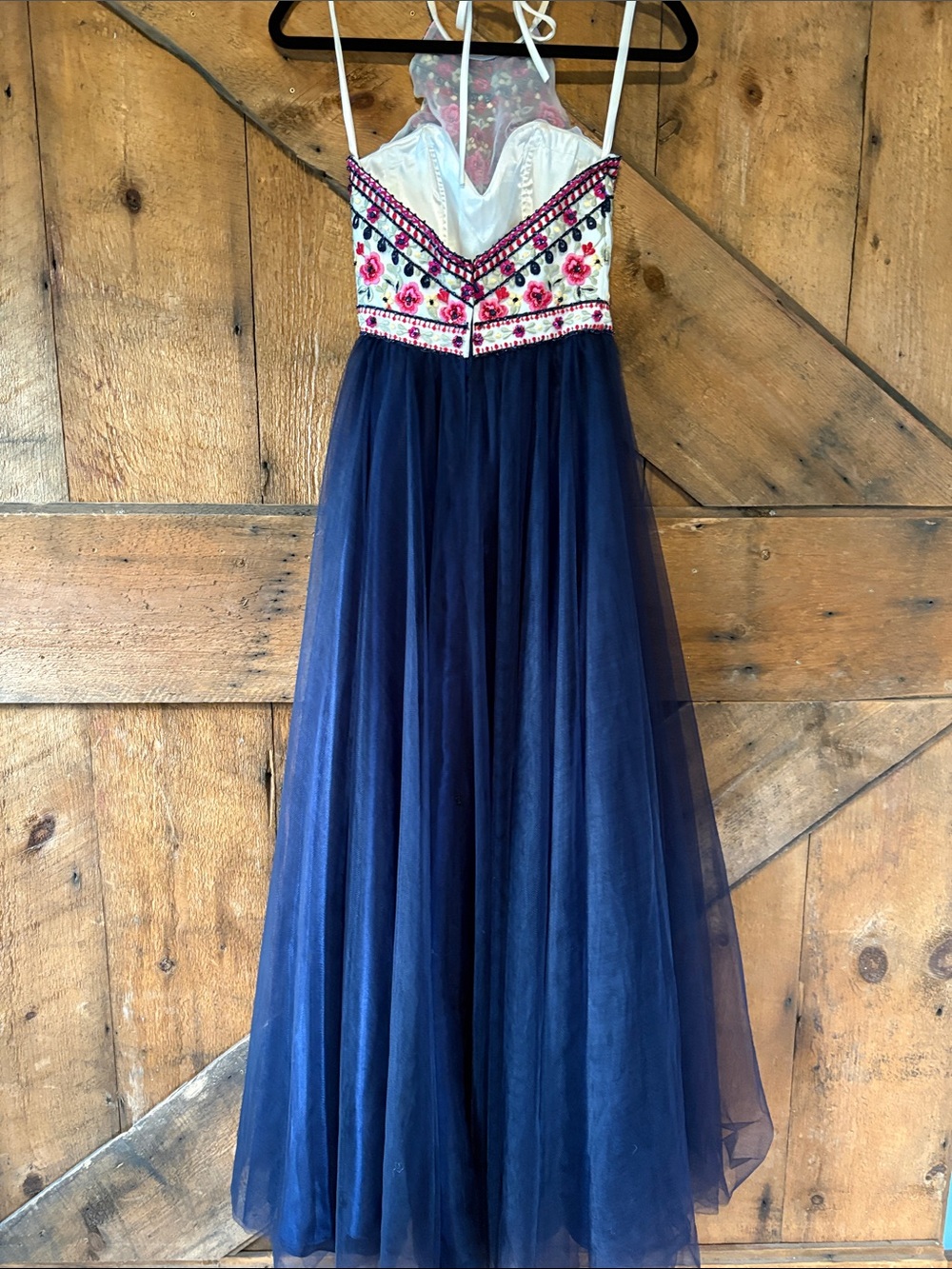 Morilee Madeline Gardner Navy Tulle Prom Dress Floral Pink Embellished Bodice 00 - Picture 6 of 14